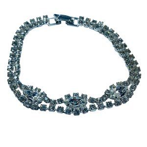Vintage Rhinestone Chain Bracelet Womens Clear Faceted Sparkles Silver Tone